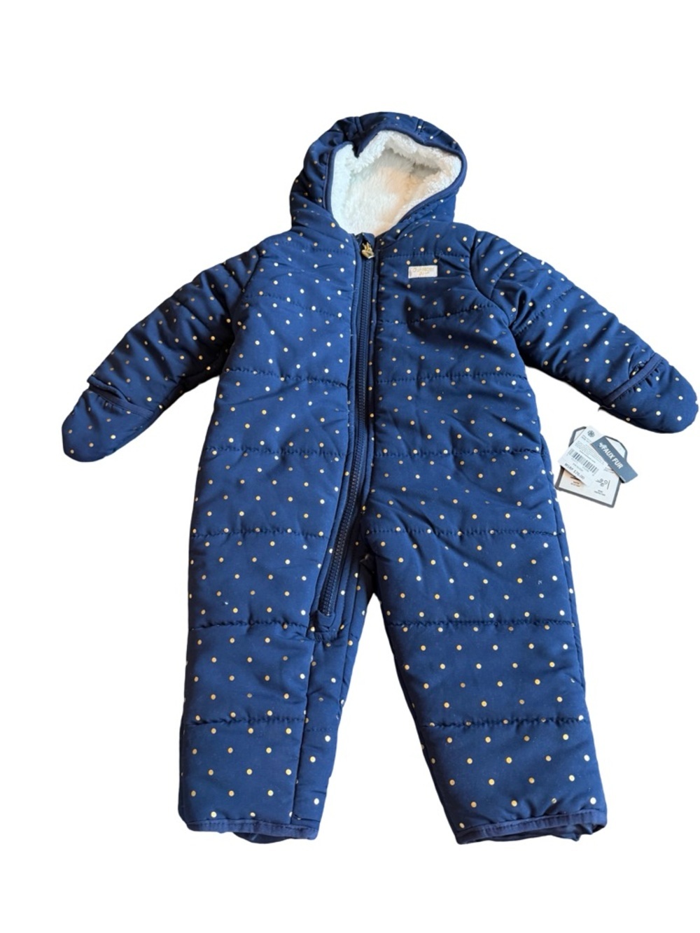 Osh Kosh B'Gosh Navy Blue Gold Polka Dot Fleece Lined Bunting Snowsuit NWT 6-9M